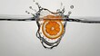 combining orange in water splash and orange in water:  A fresh orange slice splashes into clear water, sending droplets flying, generative ai