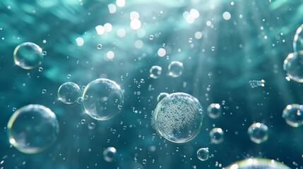 Poster - An abstract background with transparent aqua with randomly moving fizzing moisture drops. 3d illustration with soda bubbles, water or oxygen air fizz, carbonated drink, underwater background. Dynamic