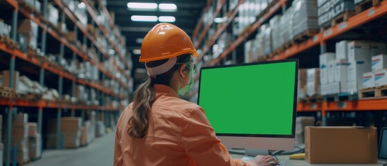 Poster - An experienced female worker wearing a hard hat uses a computer with a green chroma screen mock-up in a retail warehouse full of shelves with items for sale. Distribution logistics center.