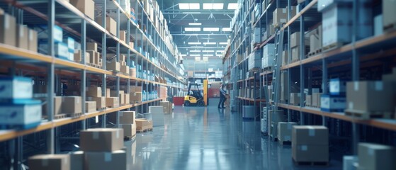 Poster - Inventories are moved with forklifts and pallet trucks in a retail warehouse full of shelves stacked with cardboard boxes. Workers scan and sort packages.