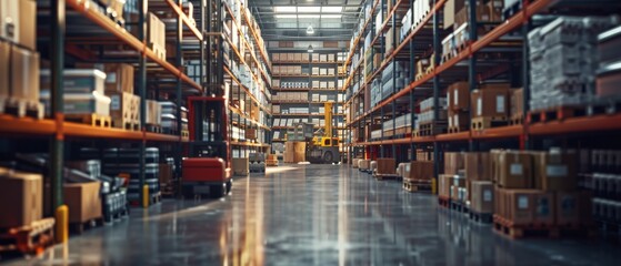 Poster - Product Distribution Logistics Center full of shelves with cardboard boxes filled with goods, workers scanning and sorting packages, forklifts moving inventory. Elevated shot.
