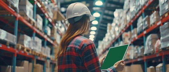 Poster - Using a digital tablet computer with green chroma key screen in landscape mode in a retail warehouse filled with shelves with goods. Over the shoulder shot.
