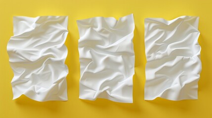 Poster - Detailed top view of folded blank posters, white paper sheets with crossing creases. Modern realistic template of wrinkled leaflets, flyers, document pages with folds isolated on yellow.