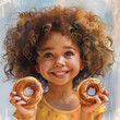 Portrait of a little smiling girl with curly hair and two appetizing donuts in her hands. Happy National donut day concept