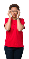 Sticker - Beautiful young african american woman wearing glasses over isolated background with hand on head for pain in head because stress. Suffering migraine.