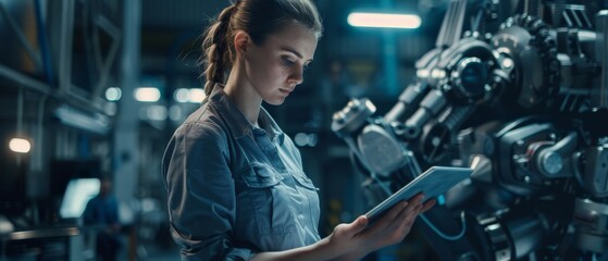 Wall Mural - Using a tablet with CAD software, a heavy industry female engineer checks gear blueprints and tests a futuristic bionic exoskeleton that her assistant is wearing. Metal Industry.