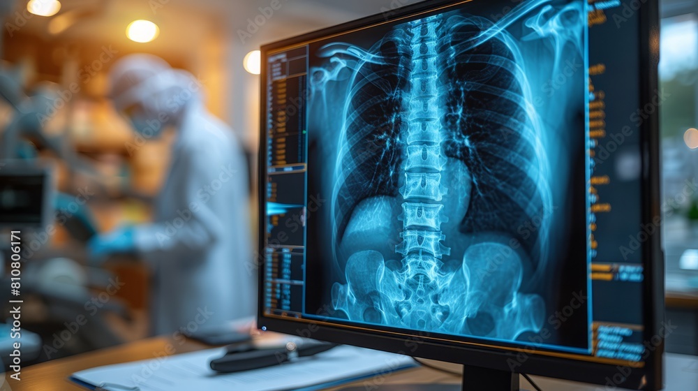 The computer screen provides a detailed x-ray close-up of a patient's ...