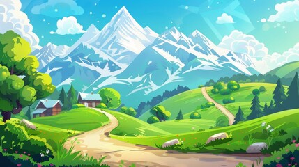 Wall Mural - Landscape with mountains, meadows, fields and garden. Modern illustration of countryside with hills, snow peaks, road and fruit trees.