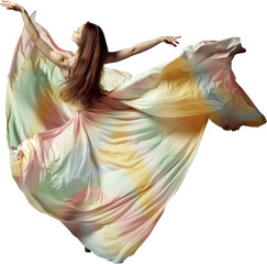 Wall Mural - Modern ballet with silk dress. One beautiful ballerina, young girl dancing gracefully with with fabric isolated transparent background. Concept of beauty classical ballet art, aesthetic, movement.