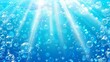 This is a realistic 3D modern illustration of an underwater background with water surface, ocean, sea, swimming pool transparent aqua texture with air bubbles, ripples, and sun rays falling.