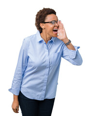 Sticker - Young beautiful african american business woman over isolated background shouting and screaming loud to side with hand on mouth. Communication concept.