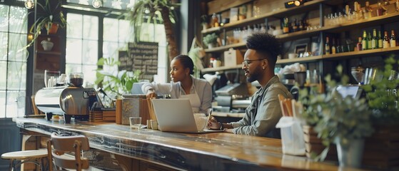 A multiethnic group of female and male restaurant employees chat on their laptop computers as two entrepreneurs hold a meeting in their trendy coffee shop. The barista and the owner of the café