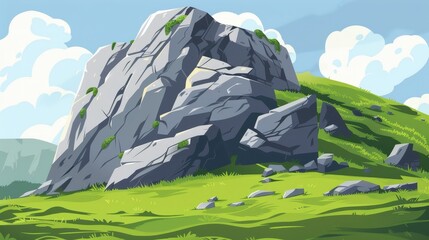 Wall Mural - Modern illustration of a huge hill with green grass and a gray stone boulder or rock as a landscape element