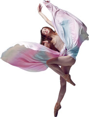 Wall Mural - Flying with silk dress. Weightless easy jump. Sensual ballerina with dancing with fabric isolated transparent background. Contemporary dance. Concept of classical ballet, motion, beauty, creativity