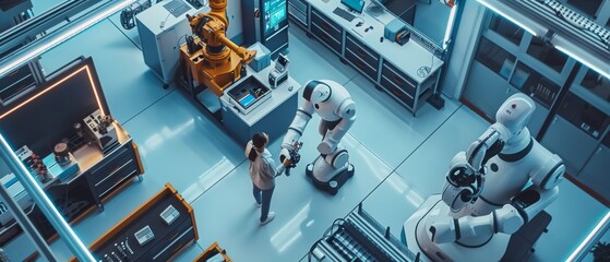 Poster - Factory: Female Executive and Chief Engineer inspect workshop, view robot arm working on assembly line. High-End CNC Machinery. High Angle View.