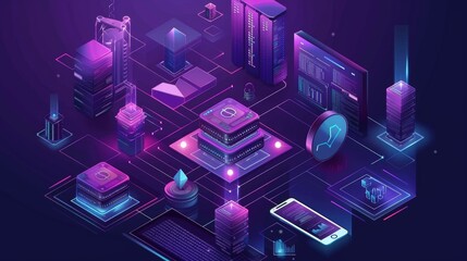 Aufkleber - Cryptocurrency exchange market landing page with isometric view. Mining of digital money and computer screen with trading chart. Blockchain technology business solution 3d modern ultraviolet web