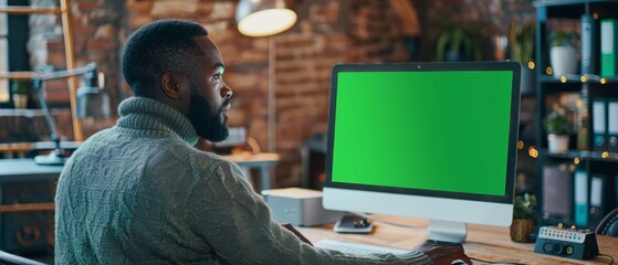 Poster - Stylish Black African American Project Manager using desktop computer with green screen mock up display in busy creative office. Male specialist wearing turtle neck sweater.