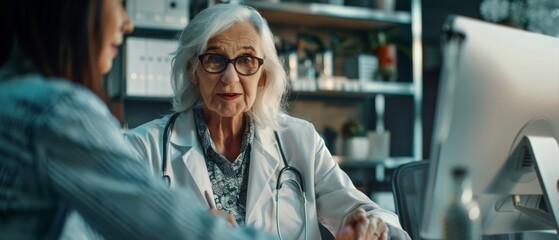 Poster - An enthusiastic family doctor is reading the medical history of a senior female patient while consulting in a clinic. The doctor is using a computer in a hospital office.