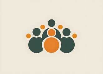 Poster - logo design, vector graphic of three circles representing people in the center and two dots for both shoulders, minimalistic, green and orange color palette, plain background, simple shapes, modern