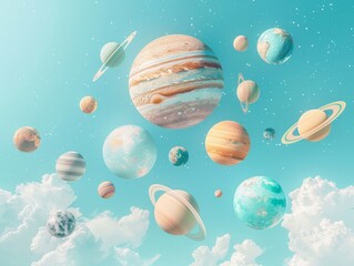 Serene and beautifully arranged collection of planets gracefully floating against a calm blue sky backdrop