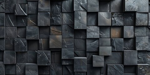 Wall Mural - Square, Black Mosaic Tiles arranged in the shape of a wall. 3D, Semigloss, Blocks stacked to create a Futuristic block background.