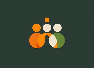 Poster - logo design, vector graphic of three circles representing people in the center and two dots for both shoulders, minimalistic, green and orange color palette, plain background, simple shapes, modern