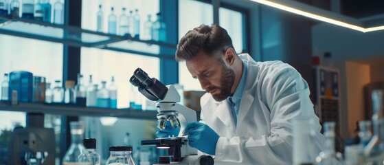 Sticker - Using the microscope to write down analysis information in the modern medical laboratory for medicine, biotechnology, and microbiology development. Portrait of a male scientist using the microscope