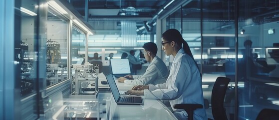 Poster - Meeting Room in a modern factory - Chief Engineer holds mechanism, shows it to female designer, uses laptop. Scientists in a contemporary lab design futuristic electronic equipment.