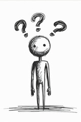 Wall Mural - A man with a blank expression is standing in front of a white background. He is surrounded by three questions, which are drawn in a sketchy style. Scene is one of confusion and uncertainty