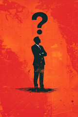 Wall Mural - A man is standing in front of a red background with a question mark. The man is wearing a suit and tie, and he is thinking or pondering something. Concept of contemplation and introspection