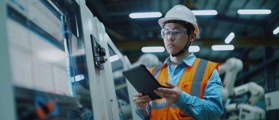 Poster - The picture depicts a professional engineer wearing a safety vest and hardhat, using an industrial digital tablet to program, manipulating robot arms, and looking at the camera with a smile. Factory