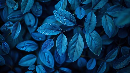 Blue plant leaves in fall season: a stunning nature photography with blue background