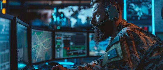 Poster - An Army Surveillance Officer with a beard wearing his headset for a centralized management system for managing national security, technology, and army communications.