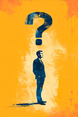 Wall Mural - A man is standing in front of a question mark. The man is wearing a suit and tie. The image is a painting with a lot of splatters and brush strokes. Scene is mysterious and thought-provoking