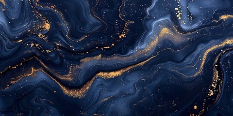 Wall Mural - Beautiful Navy Blue Paint Swirls with Gold Powder. Modern Marbling Background.