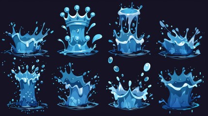 Poster - Water splash animation sprite sheet for motion graphic or mobile game. Dripping effect with drops in shape of crown with liquid aqua dynamic splashing, Realistic 3D modern Illustration, set.