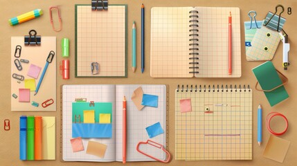 Poster - Paper notebooks, lined and unlined, with sticky notes, clips and colored pencils. Memo pads, daily planners, realistic 3D modern illustration.