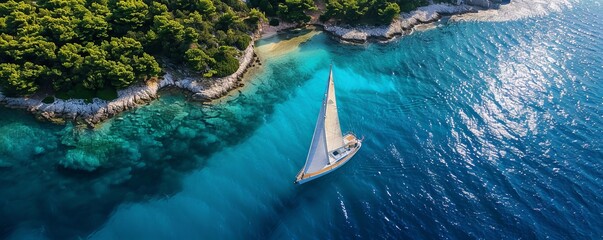 Wall Mural - Aerial view of sailboat in Otok Oruda Island, Croatia.