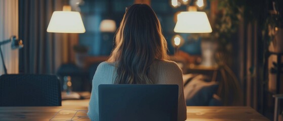 Poster - View of a freelance female at home sitting at a table and using her laptop computer as she reads the latest market news. Photograph taken from the back.