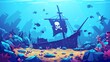 The bottom of a sunken pirate ship with black sails and a skull and crossbones flag on the seabed. Modern cartoon underwater landscape with a broken wooden boat after wreckage, stones, and fish.