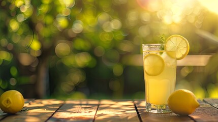 Wall Mural - For your refreshing organic lemon drink on vintage wooden table with blur background for health