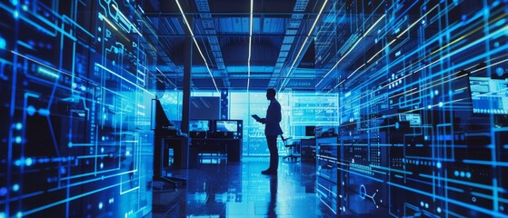 Poster - A modern electronic research, development facility: Engineers and scientists stand in high-tech laboratories, talk, use laptop computers, design silicon microchips and semiconductors, manufacture