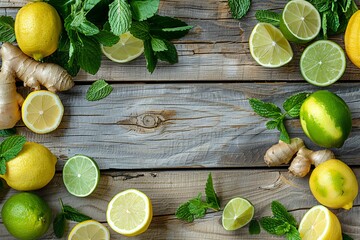 Wall Mural - Mint, lime, ginger and lemon. On a wooden background. View from above. place for text