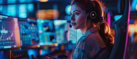 Poster - Customer Service Specialist on a headset in a dark monitoring and control room filled with colleagues and display screens while working on a computer.