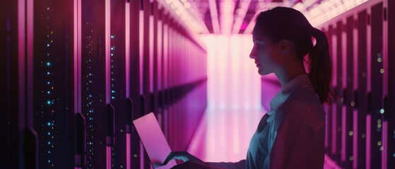 Poster - An IT professional working in a data center using a laptop. An IT professional performing diagnostics on an IT computer. An IT professional working in the data center.