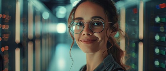 Poster - Smiling IT Specialist Working in Cloud Computing Facility with Computer in Data Center, Looking at Camera. Successful Female E-Business Engineer.