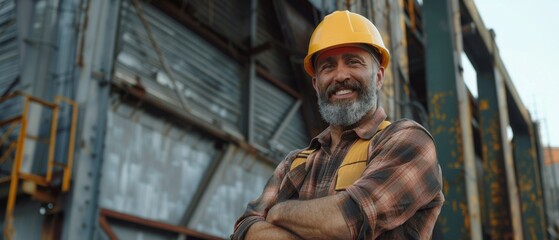 A professional frontline hero wearing a stylish beard stands in cinematic light wearing a hard hat outside a warehouse smiling.