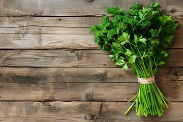 Wall Mural - Parsley. Root parsley. a bunch of parsley. On a wooden background. View from above. place for text. 