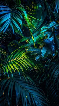 Tropical leaves Illuminated with blue and green 