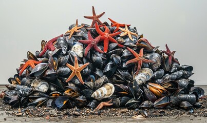 Wall Mural - A long pile of mussels with several starfish at the end